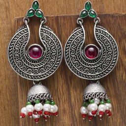 PANASH Silver-Toned Stoned Studded Contemporary Drop Earrings-19