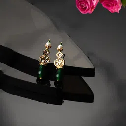 DUGRISTYLE Gold Plated Contemporary Kundan Studded & Beaded Drop Earrings-1