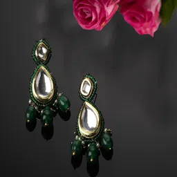 DUGRISTYLE Gold Plated Contemporary Kundan Studded & Beaded Drop Earrings-0
