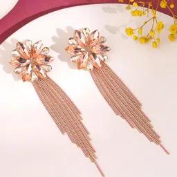 Yellow Chimes Pink Floral Shaped Crystal Long Chain Dangler Earrings-49