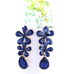 Yellow Chimes Gold-Plated & Blue Floral Drop Earrings-30