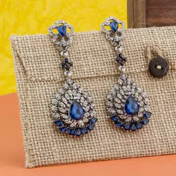 Yellow Chimes Silver-Plated & Blue Crystal Studded Teardrop Shaped Drop Earrings-13