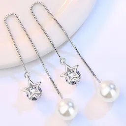 MYKI Silver-Toned Cubic Zirconia Studded Star Shaped Drop Earrings-4