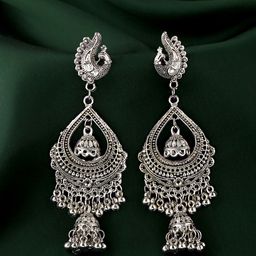 Yellow Chimes Silver-Toned Oxidised Contemporary Drop Earrings-image-99
