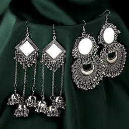 Yellow Chimes Set of 2 Silver Oxidised Mirror Work Dangler Earring-17