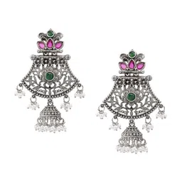 Shining Jewel - By Shivansh Silver-Plated Oxidised Contemporary Drop Earrings-14