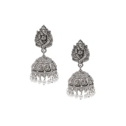 Shining Jewel - By Shivansh Silver Plated Cubic Zirconia Studed Oxidised Jhumkas-image-8