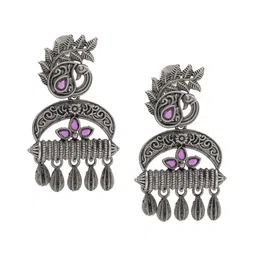 Shining Jewel - By Shivansh Silver Plated Oxidised Cubic Zirconia Studed Drop Earrings-image-11