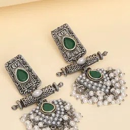 OOMPH Stone-Studded & Beaded Oxidised Geometric Drop Earrings-41