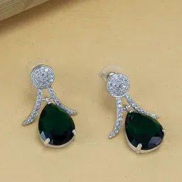 PRIVIU Rhodium Plated American Diamond Studded Emerald Teardrop Shaped Drop Earrings-30