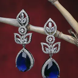 ZENEME Rhodium-Plated American Diamond Studded Teardrop Shaped Drop Earrings-45