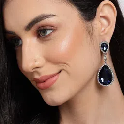 SOHI Navy Blue & White Silver-Plated Teardrop Shaped Drop Earrings-10