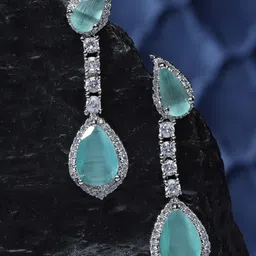 ZENEME Rhodium-Plated American Diamond Teardrop Shaped Drop Earrings-78