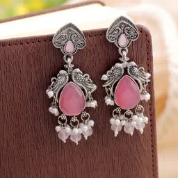 Crunchy Fashion Silver-Plated Stone-Studded & Beaded Teardrop Shaped Drop Earrings-11