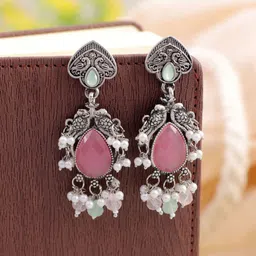Crunchy Fashion Girls Silver-Plated Stone-Studded & Beaded Oxidised Drop Earrings-38