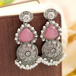 Crunchy Fashion Silver-Plated Stone-Studded & Beaded Teardrop Shaped Drop Earrings-12