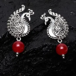PANASH Red & Silver-Plated Peacock Shaped Oxidized Drop Earrings-36