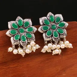 Crunchy Fashion Silver-Plated Floral Drop Earrings-5