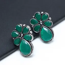 Ozanoo Oxidised Silver Plated Stone Studded Floral Studs Earrings-35