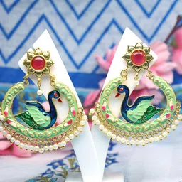 Ozanoo Meenakari Peacock Shaped Stone Studded Chandbalis-18