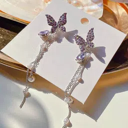 FIMBUL Silver-Plated Butterfly Shaped Rhinestone Studded Drop Earrings-28