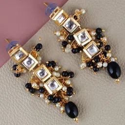 LUCKY JEWELLERY Gold-Plated Contemporary Kundan Studded Drop Earrings-11