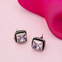 Sangria Silver-Plated Stone-Studded Square Studs Earrings-0