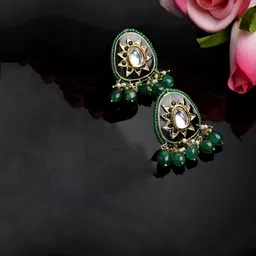 DUGRISTYLE Gold Plated Classic Drop Earrings With Kundan & Pearls image 1