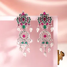 Rubans Silver Plated Oxidised Geometric Drop Earrings-image-38