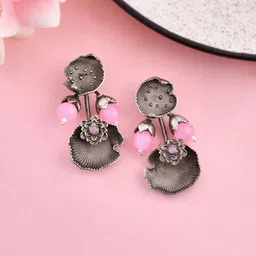 DASTOOR Silver-Plated Oxidised Floral Drop Earrings-image-42