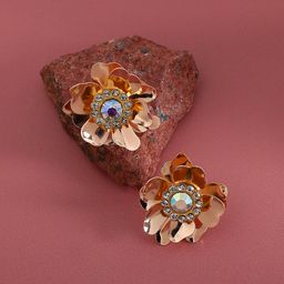 SOHI Gold-Plated Crystal-Studded Flower Stud Earrings-77
