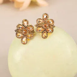 Bhana Fashion Gold Plated Floral American Diamond Studs Earrings-image-3