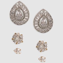 JEWELS GEHNA Set of 3 Silver-Toned Gold-Plated CZ Studded Contemporary Studs Earrings-4