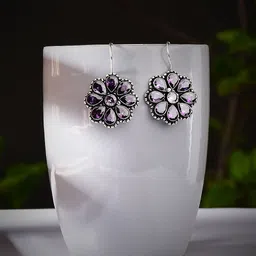 Bamboo Tree Jewels Silver Plated Floral Stone-Studded Drop Earrings-54