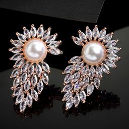 ZENEME Off White Rose Gold Plated Contemporary Stud Earrings-33