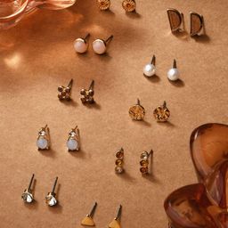 Accessorize Set Of 10 Stone Studded & Beaded Contemporary Stud Earrings-0