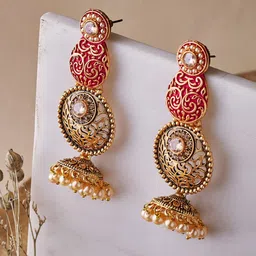 ATIBELLE Copper-Toned & Red Gold-Plated Antique Contemporary Pearls Drop Earrings-42