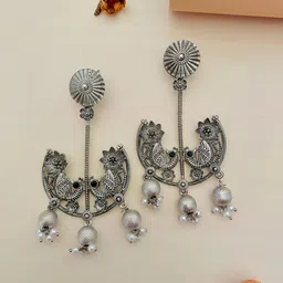 Sangria German Silver-Plated Stone-Studded & Beaded Drop Earrings-42