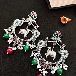 Sangria German Silver-Plated Stone-Studded & Beaded Drop Earrings-image-69