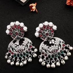 Sangria German Silver-Plated Stones-Studded & Beaded Drop Earrings-image-49