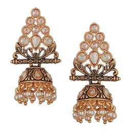 Jazz and Sizzle Gold-Plated Triangular Kundan Studded & Beaded Jhumkas image 4