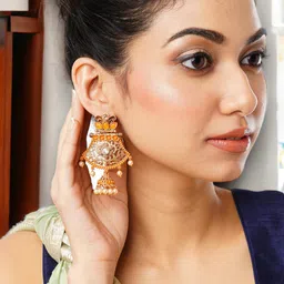 Anouk Gold-Plated & White Artificial Stones And Beads Teardrop Shaped Drop Earrings image 1