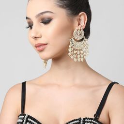 Zaveri Pearls Gold-Plated & White Pearls Beaded Kundan Studded Chandbalis Earrings image 3