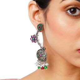 Anouk Pink & Green Silver-Plated Beads And Stone Studded Drop Earrings-13