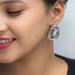 VOJ Silver Plated Stainless Steel Circular Drop Earrings-3