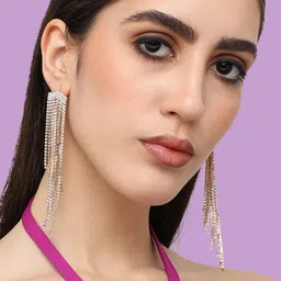 SOHI Silver-Plated Stone-Studded Tasselled Drop Earrings-19