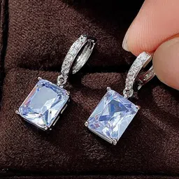 Jewels Galaxy Silver Plated American Diamond Rectangular Drop Earrings image 2