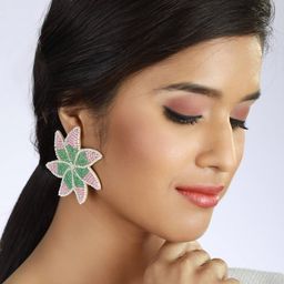 Sangria Green & Pink Stone-Beaded Embroidered Stud Earrings-52