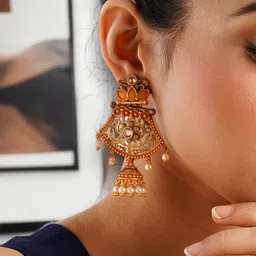 Anouk Gold-Plated & White Artificial Stones And Beads Teardrop Shaped Drop Earrings image 5