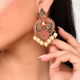 AQUASTREET Gold-Plated Red Kemp Stone Pearls Drop Chandbalis Earrings image 2
